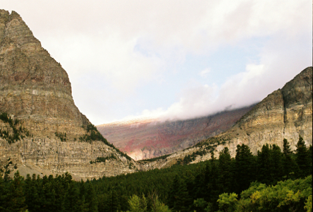 [The mountain with its top visible on the right is a large tan rock. There is also a large tan rock on the right, but in the backround on the right and center is a mountain which appears to be red rock. There is a bank of mist-cloud atop the red rock. The foreground is a lot of evergreens.]